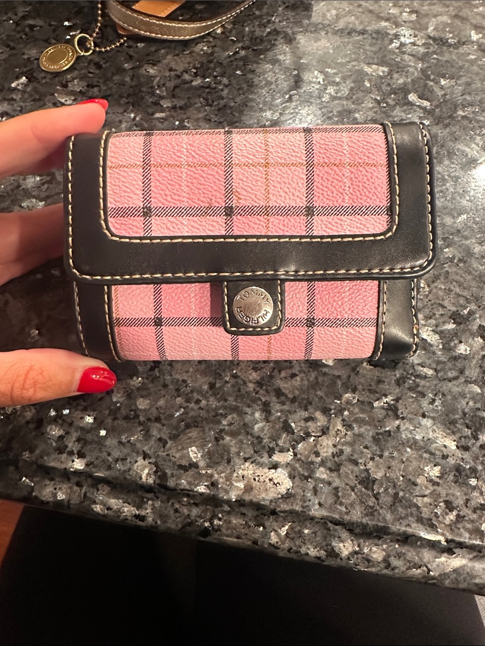 Tommy Hilfiger Pink Plaid Compact Wallet with Black Trim
